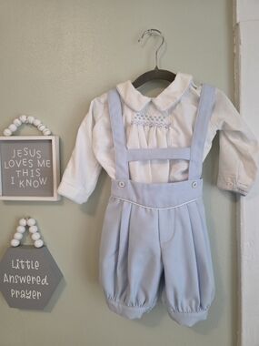 Vintage Light Blue Boys' Suspender Overalls with White Smocked Shirt